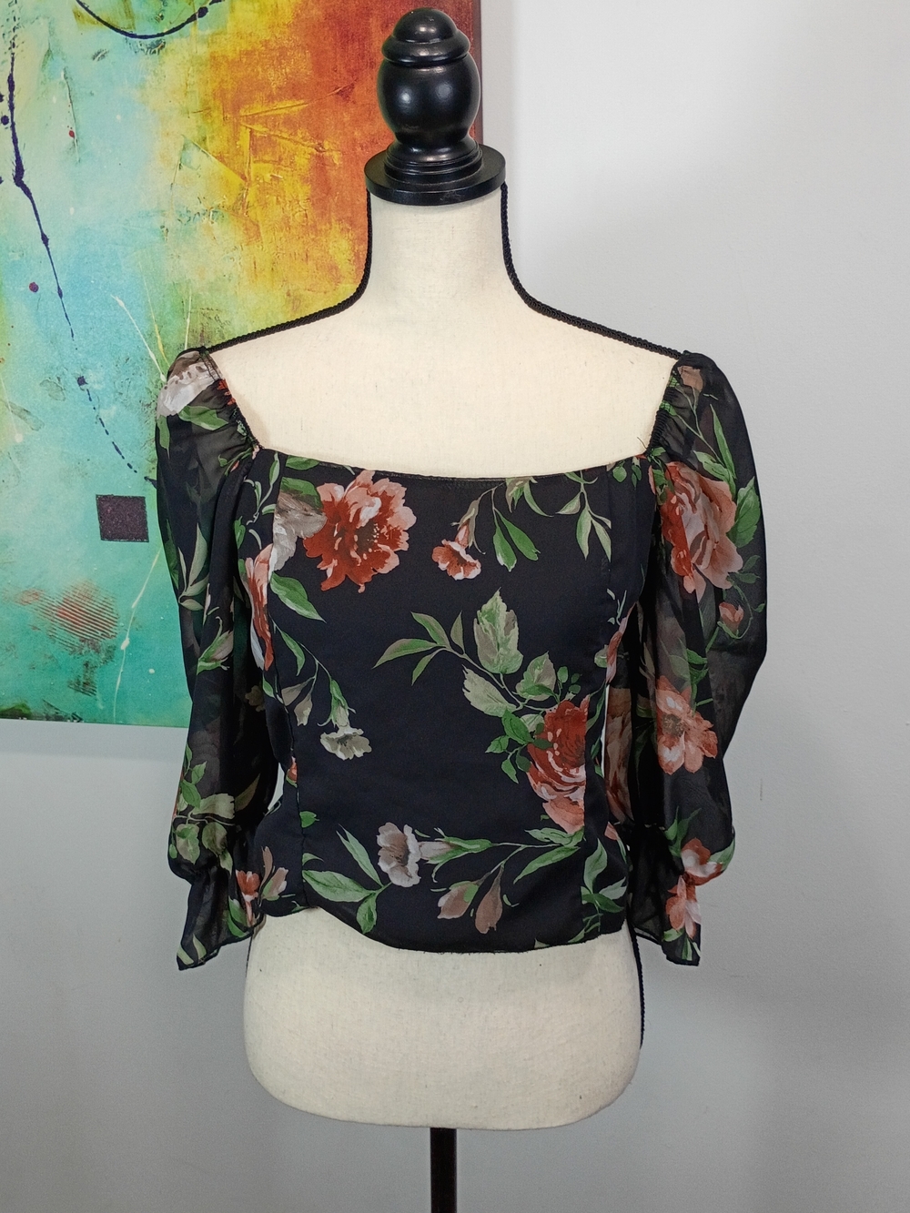 Black Base Floral Print Square-Neck Cold Shoulder Puff Sleeve Top